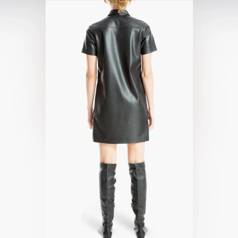 Max Studio Black Faux Leather‎ Short Sleeve Shirtdress With Pockets